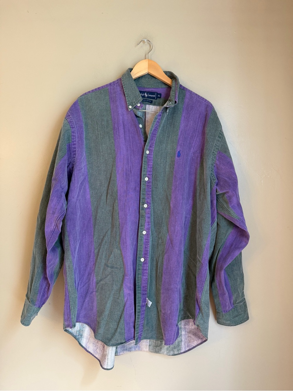 Vtg Polo Ralph Lauren Shirt Mens XL Colorblock 90's Denim Wide Stripe Ivy Heavy